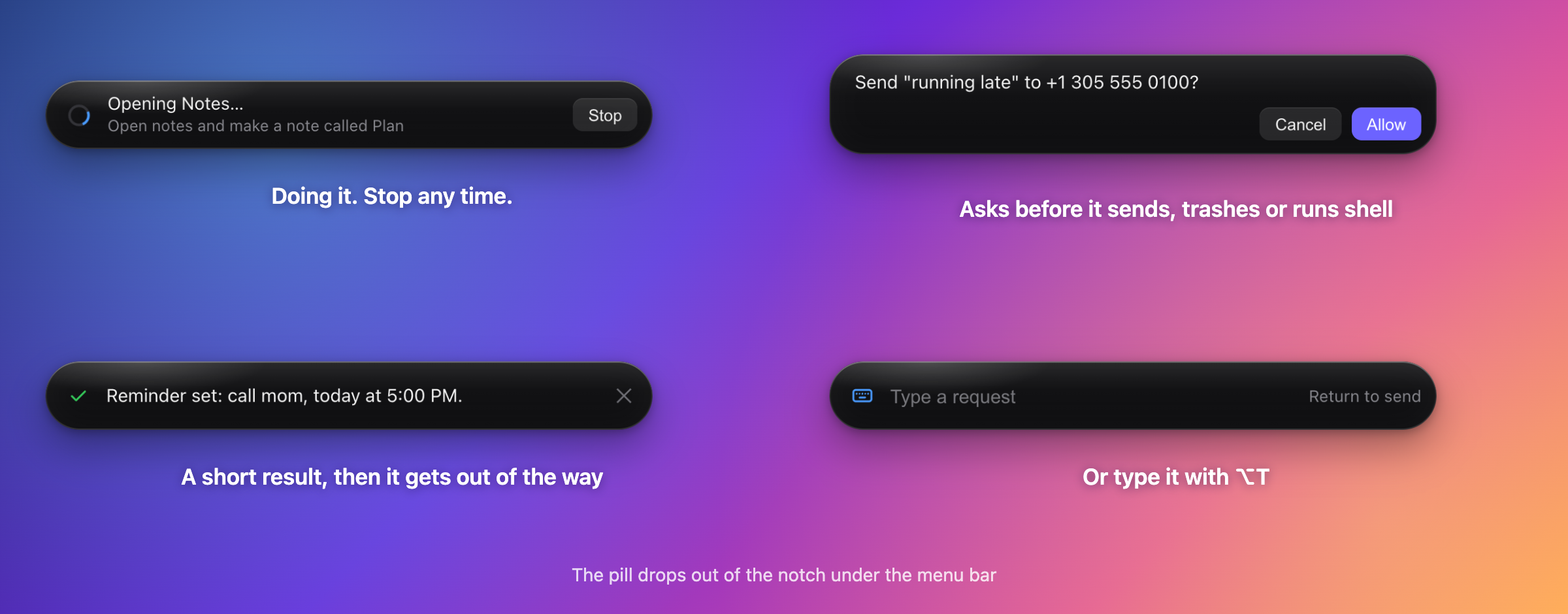 The Relay pill in four states: working, asking for confirmation, showing a result, and the type-a-request box