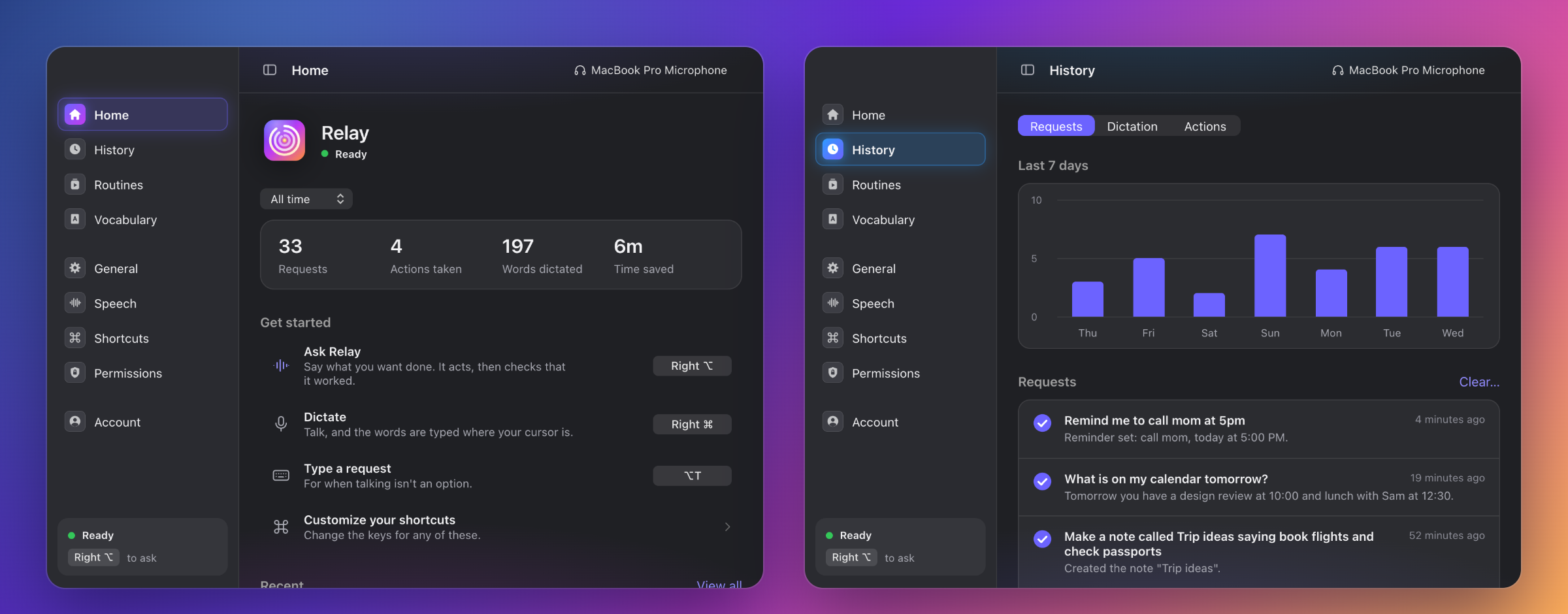 Relay window: Home with shortcuts and stats, and History with a seven-day chart