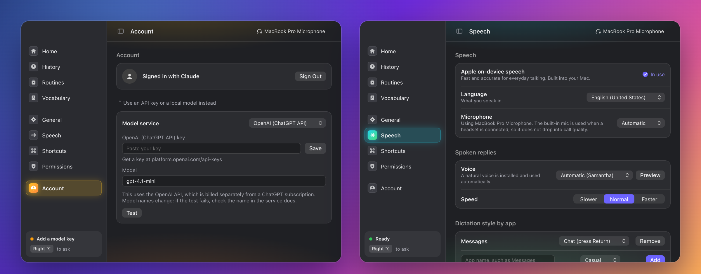 Relay window: Account with the model service picker, and Speech settings